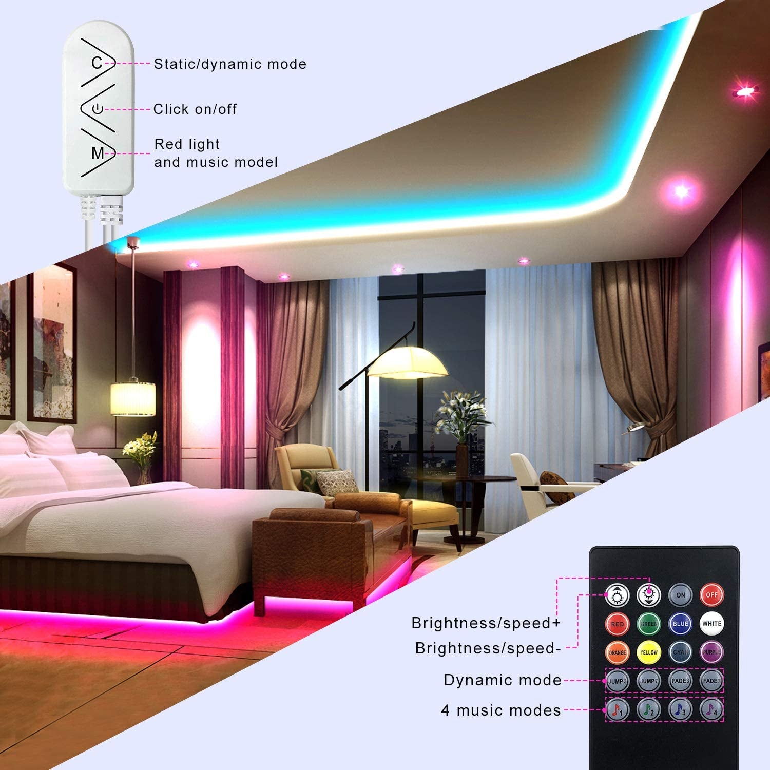 Micomlan 32.8Ft/10M LED Strip Lights,Music Sync Color Changing RGB LED Strip Built-In Mic, Bluetooth App Controlled LED Lights Rope Lights, 5050 RGB LED Light Strip(App+Remote+Mic+3 Button) (32.8FT)