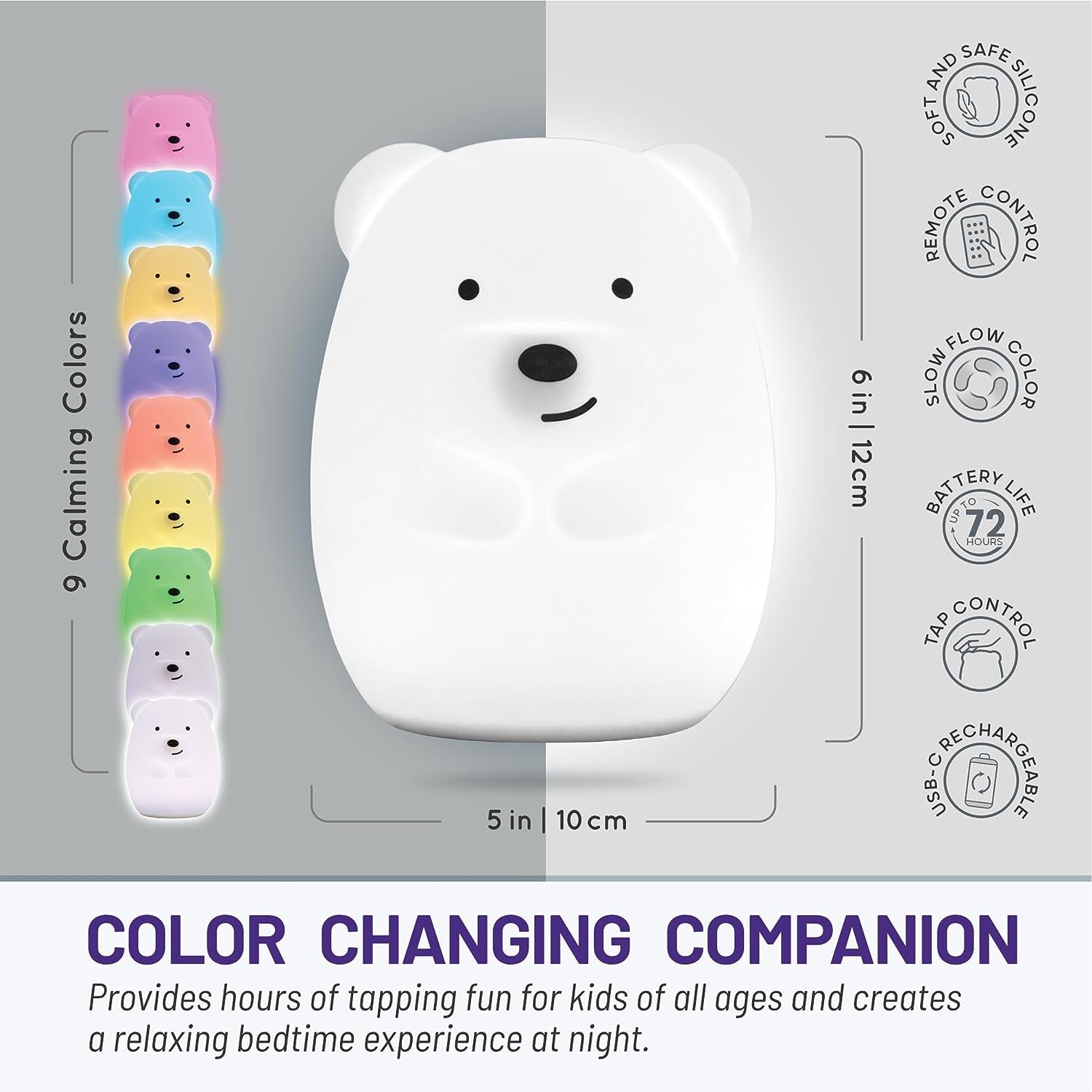 Silicone Night Light for Kids, Bear - 9 Soft Colors, Remote Sleep Timer - Rechargeable, Battery-Operated Light for Toddler, Baby, Girls, Boys - Bedroom, Nursery